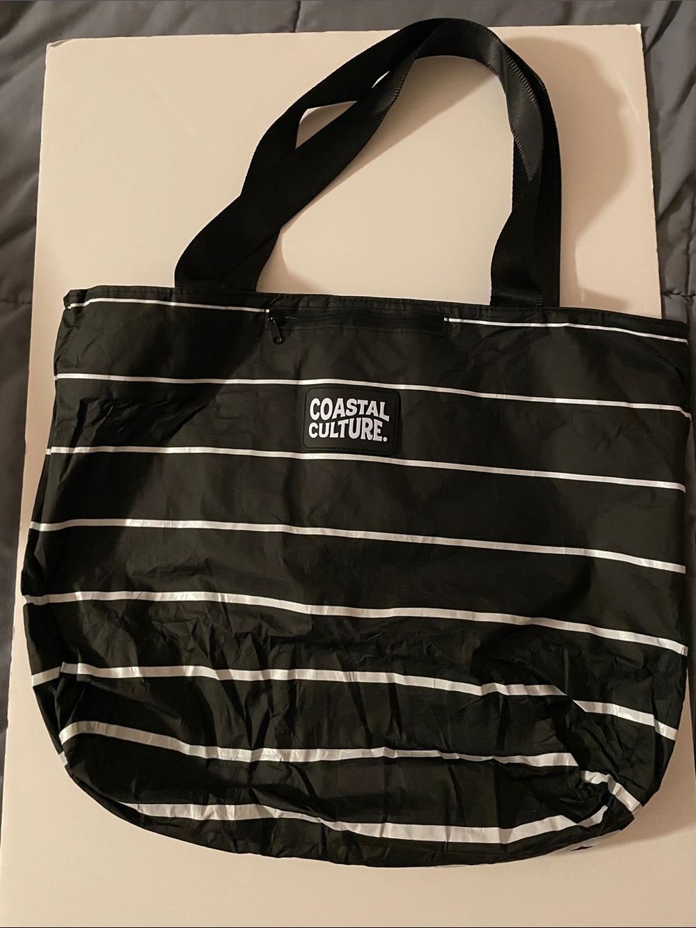 Costal Culture Everyday Black Stripe Tote Bag Water Resistant Fabric Full Zip